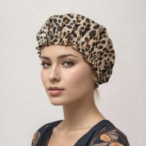 woman wearing leopard print shower cap