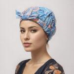 woman wearing palm pattern shower cap blue and pink
